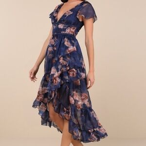 Cultivated Adoration Navy Floral Backless High-Low Midi Dress